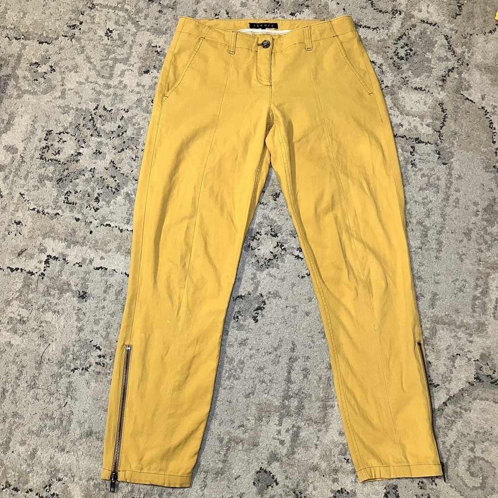 Theory Yellow Crop Pant Side Leg Zipper Women 2 USA Made Cotton Blend Low Rise